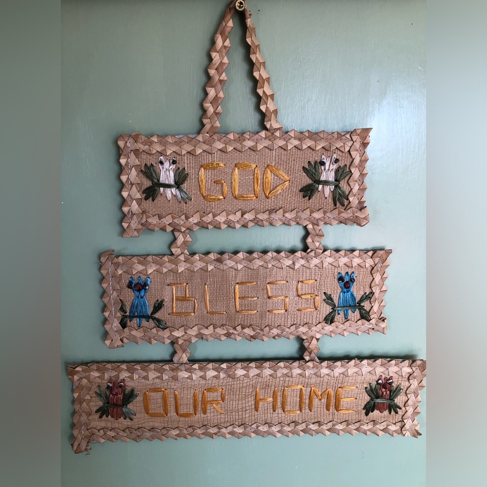 Vintage Crewel Sign God Bless Our Home Embroidered Sign Wall Hang Wicker Cottage